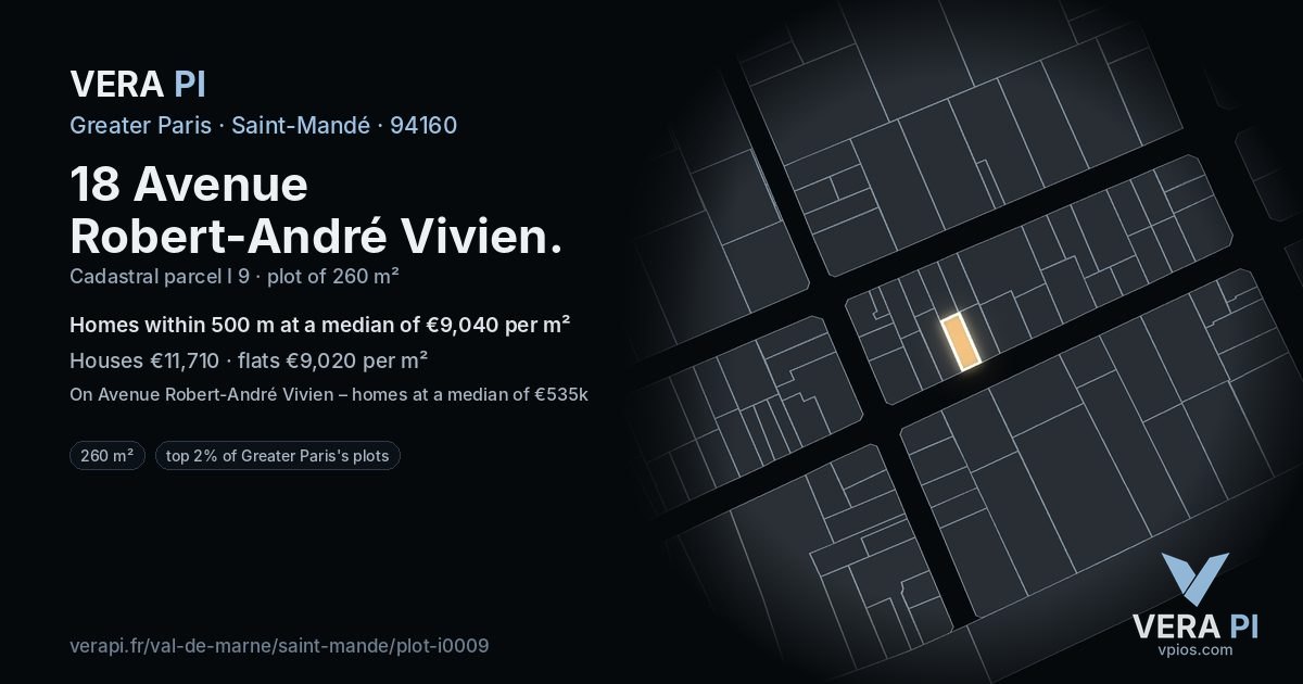 18 Avenue Robert-André Vivien, Saint-Mandé at night – the plot lit, the parcels around coloured by the prices near them