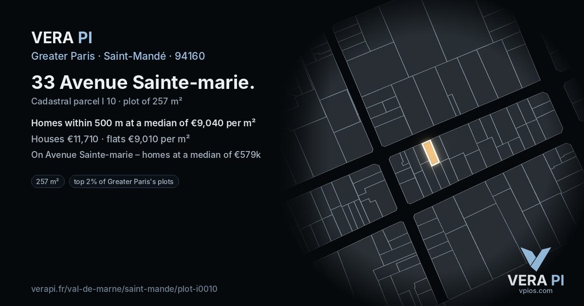 33 Avenue Sainte-marie, Saint-Mandé at night – the plot lit, the parcels around coloured by the prices near them