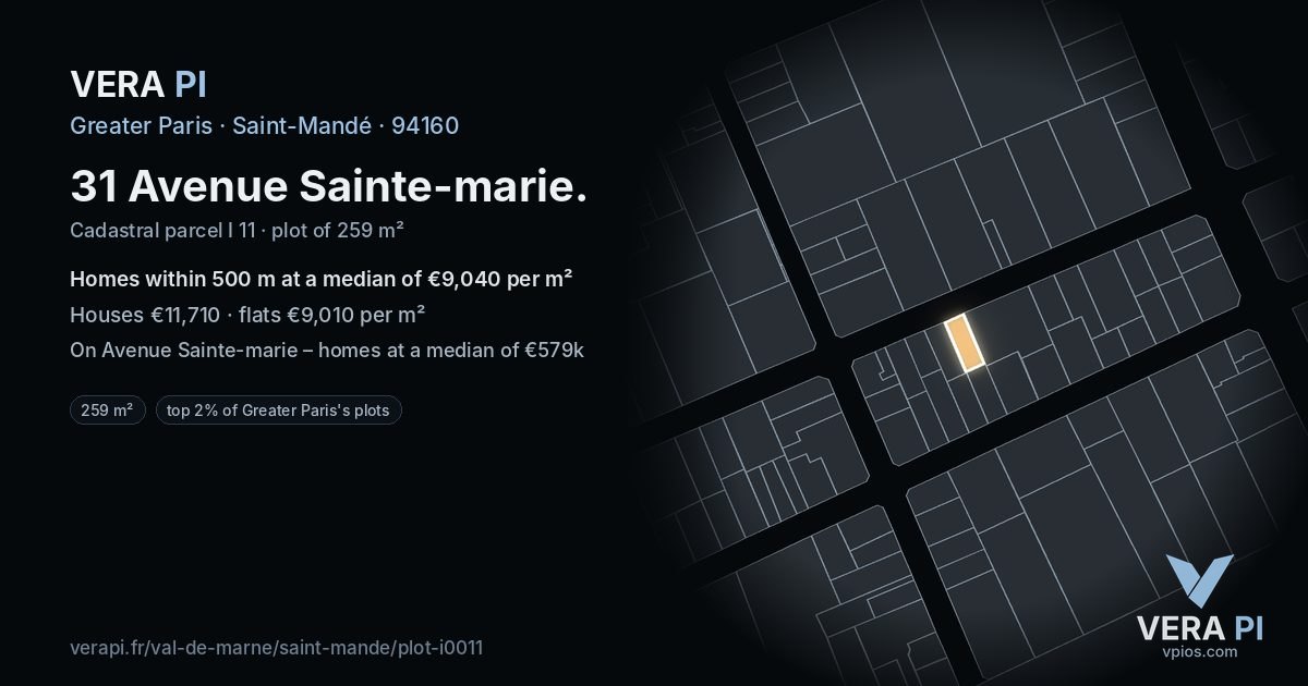 31 Avenue Sainte-marie, Saint-Mandé at night – the plot lit, the parcels around coloured by the prices near them