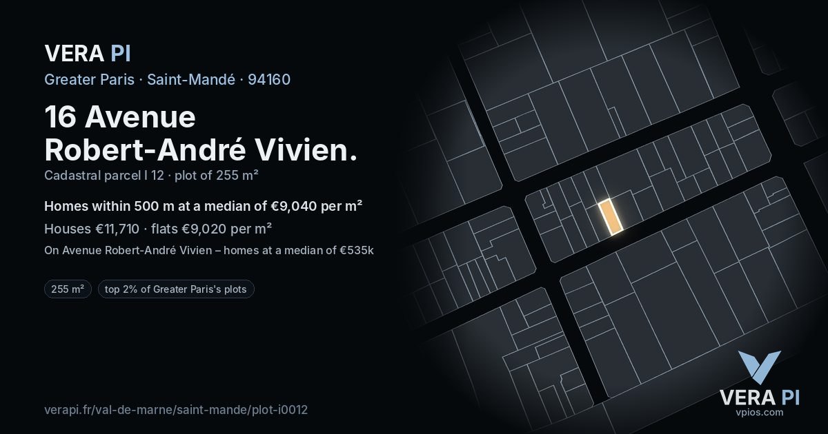 16 Avenue Robert-André Vivien, Saint-Mandé at night – the plot lit, the parcels around coloured by the prices near them