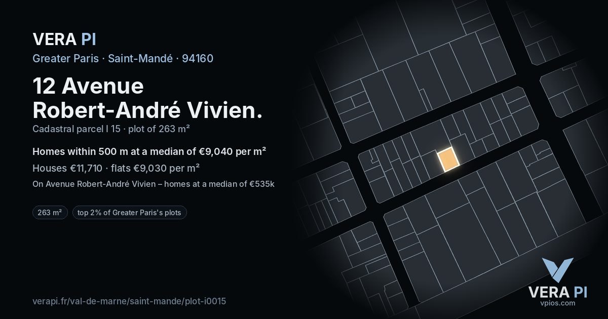 12 Avenue Robert-André Vivien, Saint-Mandé at night – the plot lit, the parcels around coloured by the prices near them