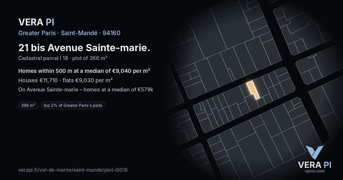 21 bis Avenue Sainte-marie, Saint-Mandé at night – the plot lit, the parcels around coloured by the prices near them