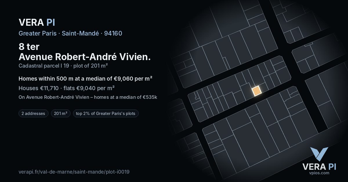 8 ter Avenue Robert-André Vivien, Saint-Mandé at night – the plot lit, the parcels around coloured by the prices near them