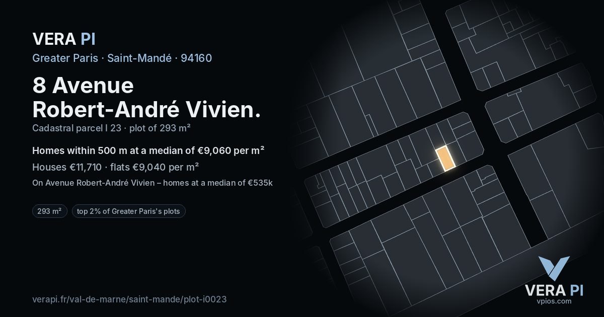 8 Avenue Robert-André Vivien, Saint-Mandé at night – the plot lit, the parcels around coloured by the prices near them