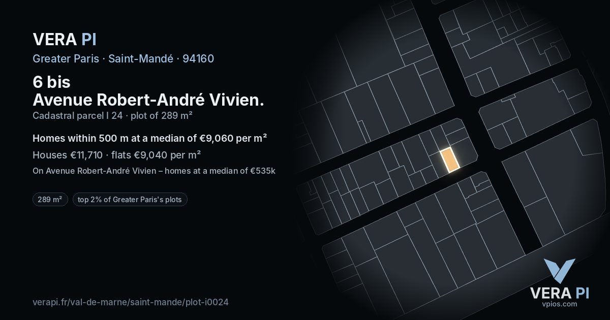 6 bis Avenue Robert-André Vivien, Saint-Mandé at night – the plot lit, the parcels around coloured by the prices near them
