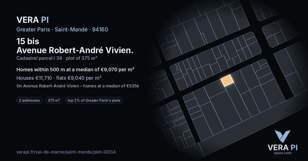 15 bis Avenue Robert-André Vivien, Saint-Mandé at night – the plot lit, the parcels around coloured by the prices near them