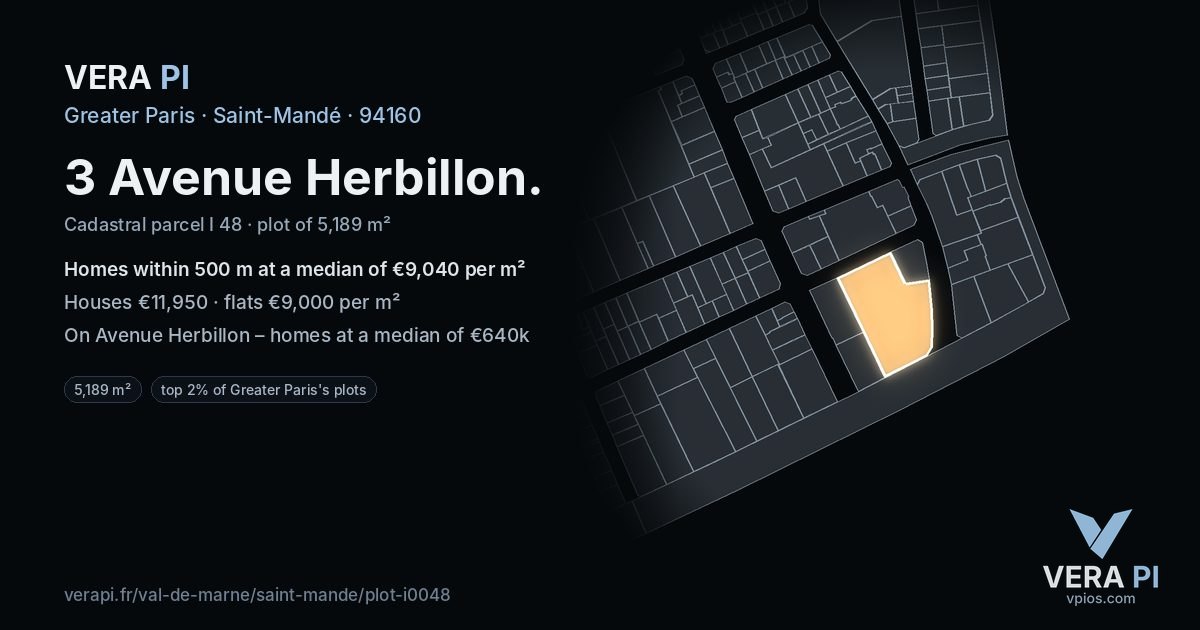 3 Avenue Herbillon, Saint-Mandé at night – the plot lit, the parcels around coloured by the prices near them