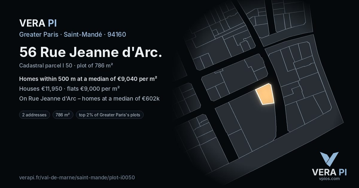 56 Rue Jeanne d'Arc, Saint-Mandé at night – the plot lit, the parcels around coloured by the prices near them