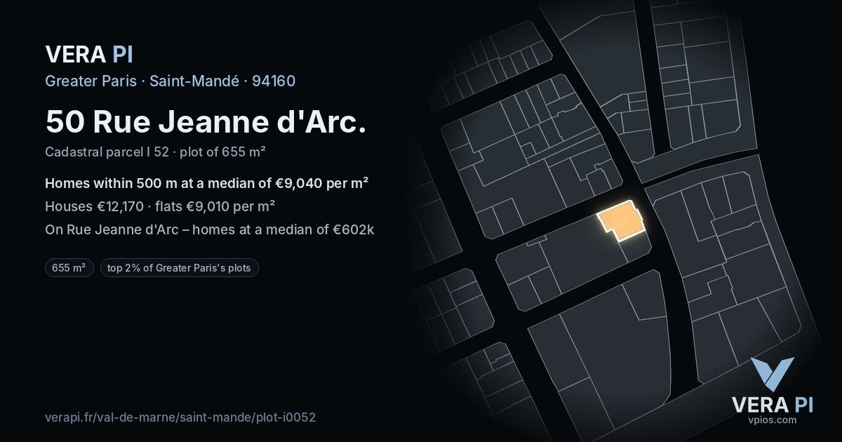 50 Rue Jeanne d'Arc, Saint-Mandé at night – the plot lit, the parcels around coloured by the prices near them