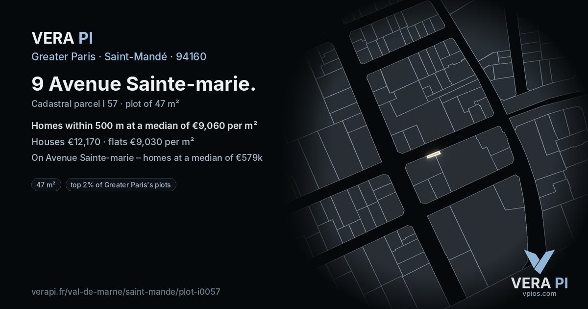 9 Avenue Sainte-marie, Saint-Mandé at night – the plot lit, the parcels around coloured by the prices near them