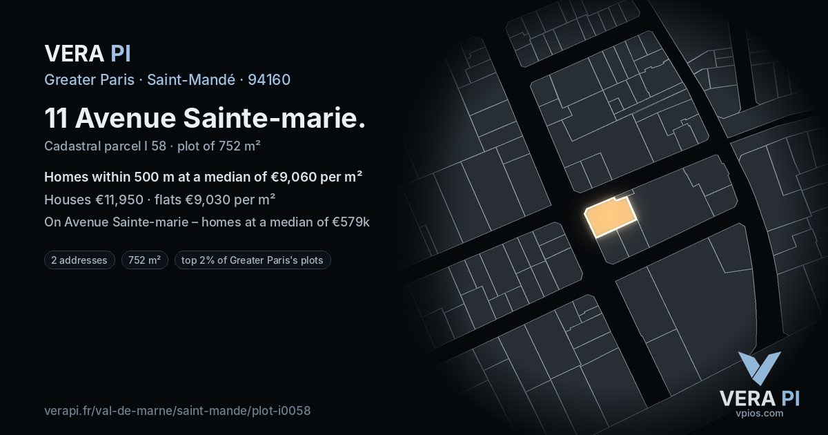 11 Avenue Sainte-marie, Saint-Mandé at night – the plot lit, the parcels around coloured by the prices near them