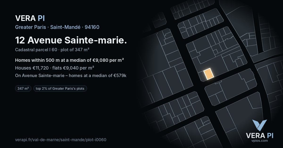 12 Avenue Sainte-marie, Saint-Mandé at night – the plot lit, the parcels around coloured by the prices near them
