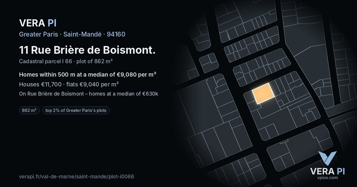 11 Rue Brière de Boismont, Saint-Mandé at night – the plot lit, the parcels around coloured by the prices near them