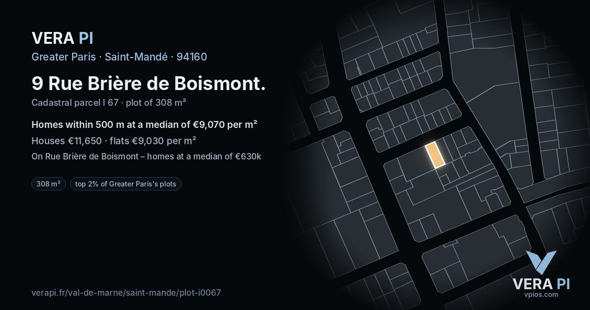 9 Rue Brière de Boismont, Saint-Mandé at night – the plot lit, the parcels around coloured by the prices near them