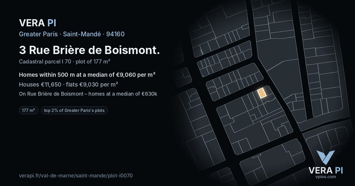 3 Rue Brière de Boismont, Saint-Mandé at night – the plot lit, the parcels around coloured by the prices near them