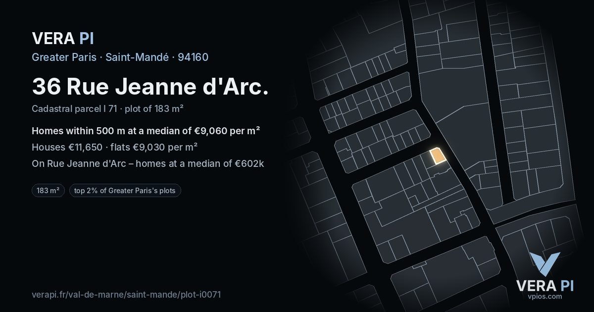 36 Rue Jeanne d'Arc, Saint-Mandé at night – the plot lit, the parcels around coloured by the prices near them