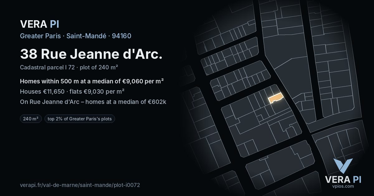 38 Rue Jeanne d'Arc, Saint-Mandé at night – the plot lit, the parcels around coloured by the prices near them