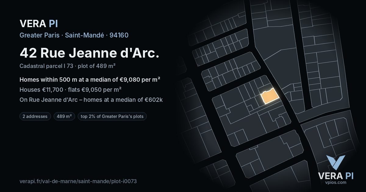 42 Rue Jeanne d'Arc, Saint-Mandé at night – the plot lit, the parcels around coloured by the prices near them