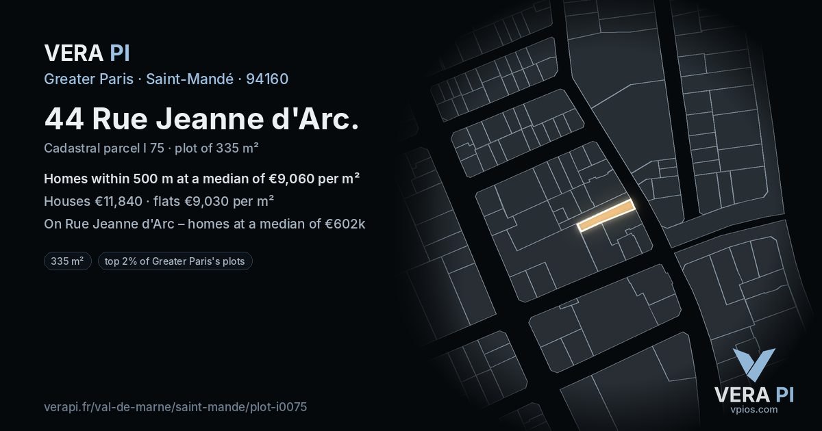 44 Rue Jeanne d'Arc, Saint-Mandé at night – the plot lit, the parcels around coloured by the prices near them