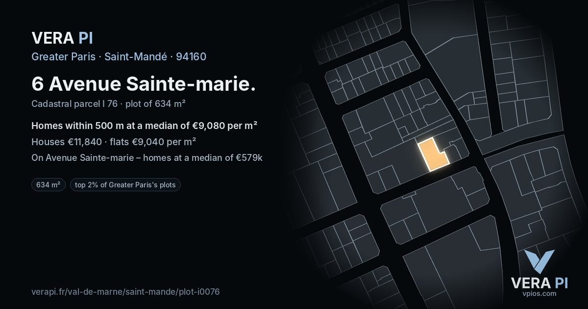 6 Avenue Sainte-marie, Saint-Mandé at night – the plot lit, the parcels around coloured by the prices near them