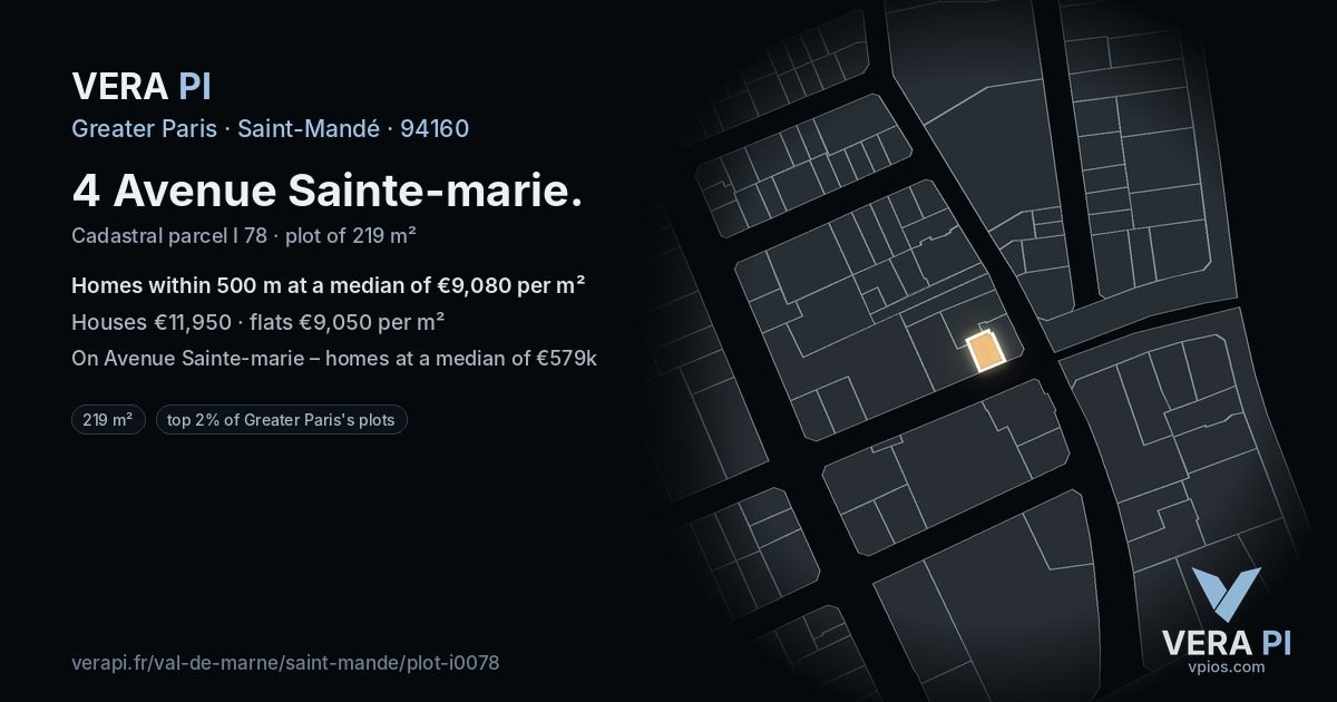 4 Avenue Sainte-marie, Saint-Mandé at night – the plot lit, the parcels around coloured by the prices near them