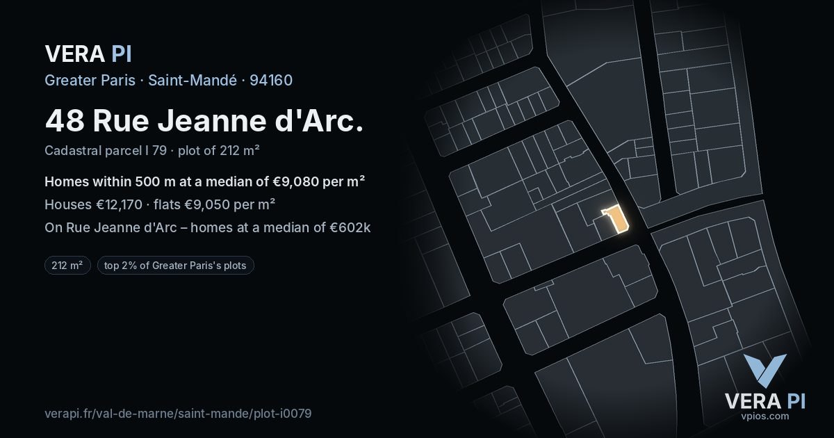 48 Rue Jeanne d'Arc, Saint-Mandé at night – the plot lit, the parcels around coloured by the prices near them