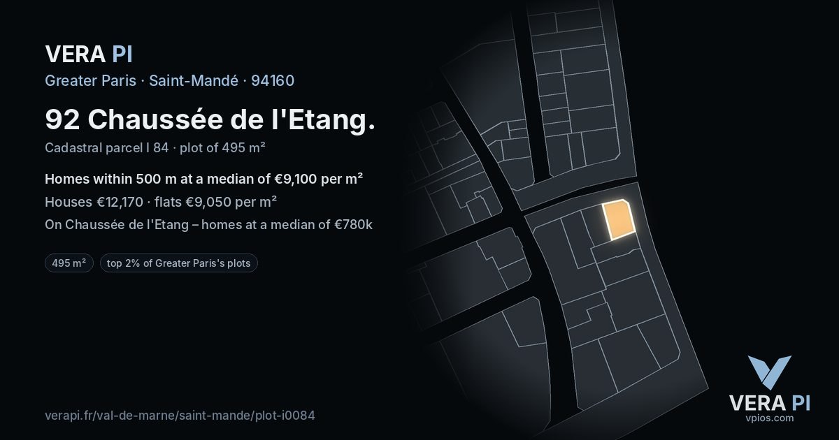92 Chaussée de l'Etang, Saint-Mandé at night – the plot lit, the parcels around coloured by the prices near them