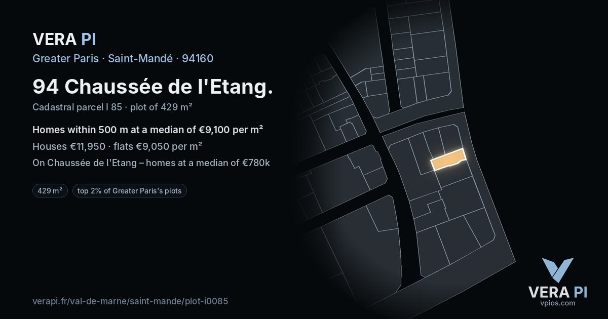 94 Chaussée de l'Etang, Saint-Mandé at night – the plot lit, the parcels around coloured by the prices near them