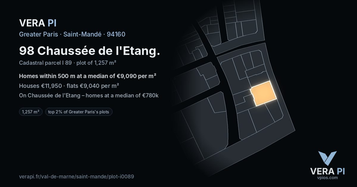 98 Chaussée de l'Etang, Saint-Mandé at night – the plot lit, the parcels around coloured by the prices near them