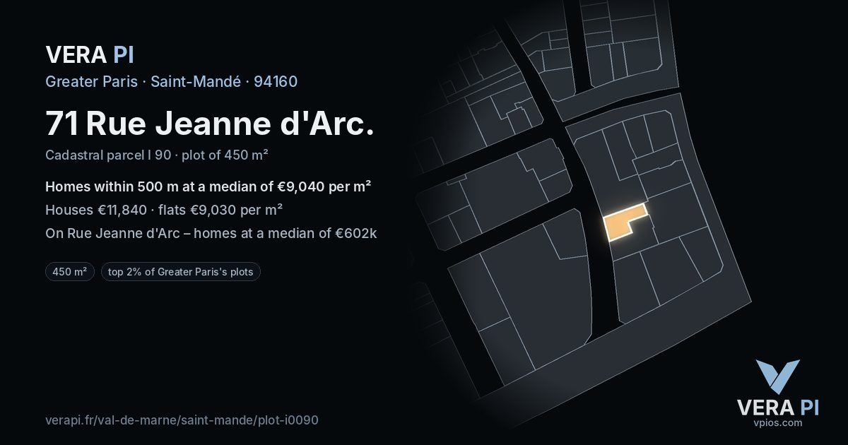 71 Rue Jeanne d'Arc, Saint-Mandé at night – the plot lit, the parcels around coloured by the prices near them