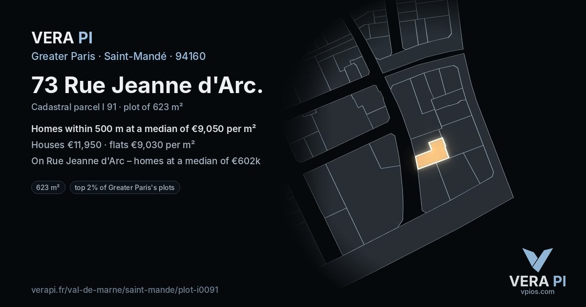 73 Rue Jeanne d'Arc, Saint-Mandé at night – the plot lit, the parcels around coloured by the prices near them