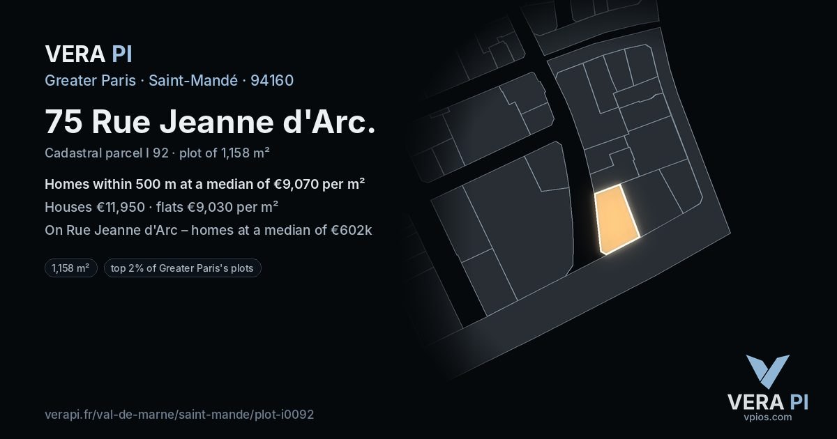 75 Rue Jeanne d'Arc, Saint-Mandé at night – the plot lit, the parcels around coloured by the prices near them