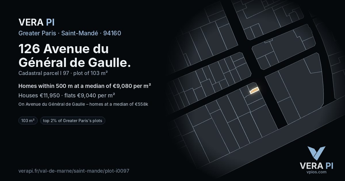 126 Avenue du Général de Gaulle, Saint-Mandé at night – the plot lit, the parcels around coloured by the prices near them