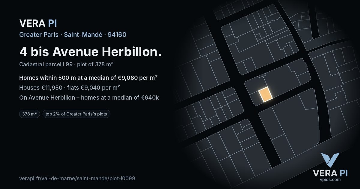 4 bis Avenue Herbillon, Saint-Mandé at night – the plot lit, the parcels around coloured by the prices near them