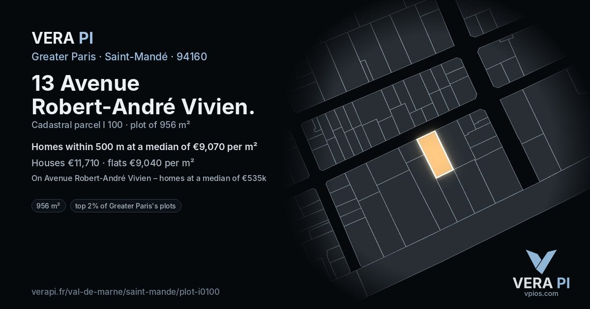 13 Avenue Robert-André Vivien, Saint-Mandé at night – the plot lit, the parcels around coloured by the prices near them