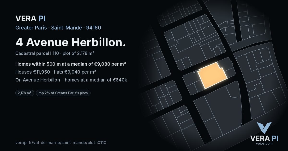 4 Avenue Herbillon, Saint-Mandé at night – the plot lit, the parcels around coloured by the prices near them
