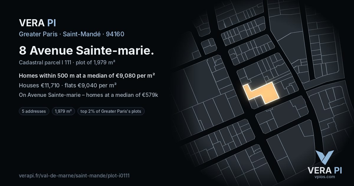 8 Avenue Sainte-marie, Saint-Mandé at night – the plot lit, the parcels around coloured by the prices near them