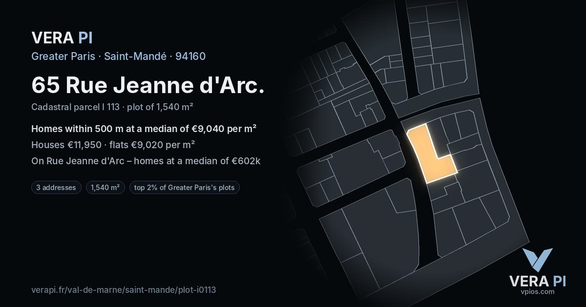 65 Rue Jeanne d'Arc, Saint-Mandé at night – the plot lit, the parcels around coloured by the prices near them