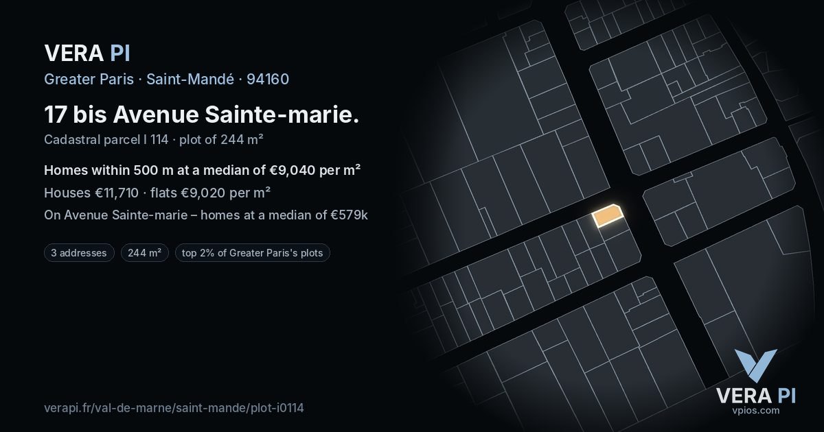 17 bis Avenue Sainte-marie, Saint-Mandé at night – the plot lit, the parcels around coloured by the prices near them