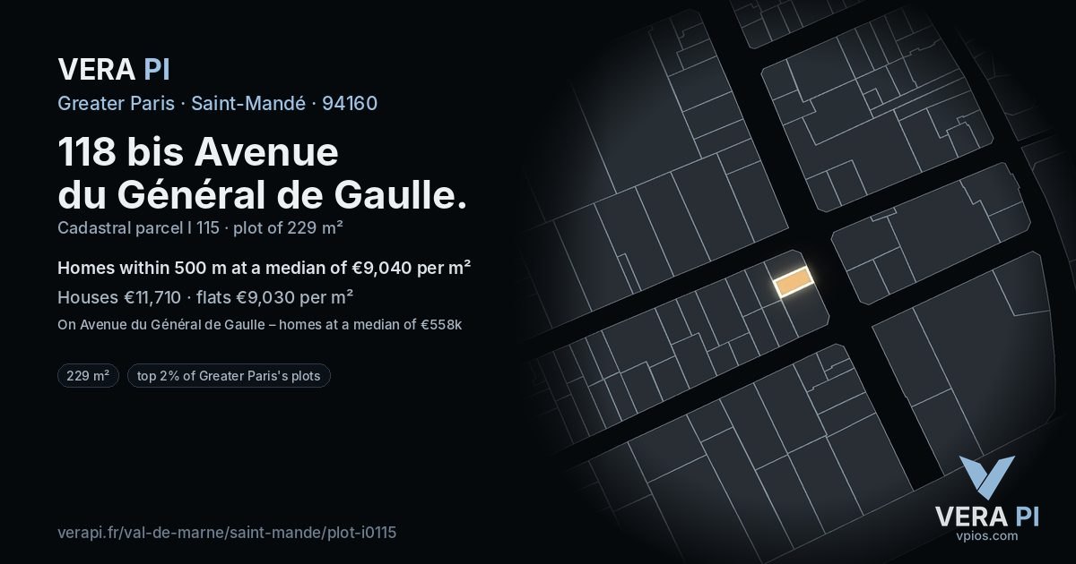 118 bis Avenue du Général de Gaulle, Saint-Mandé at night – the plot lit, the parcels around coloured by the prices near them