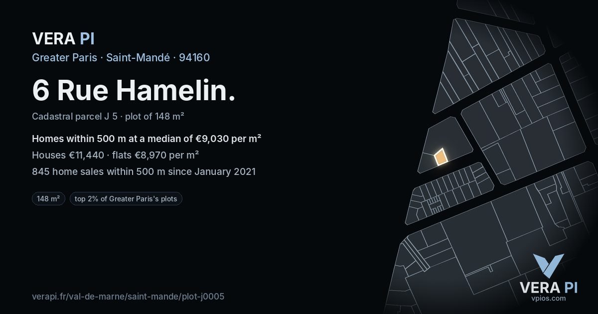 6 Rue Hamelin, Saint-Mandé at night – the plot lit, the parcels around coloured by the prices near them