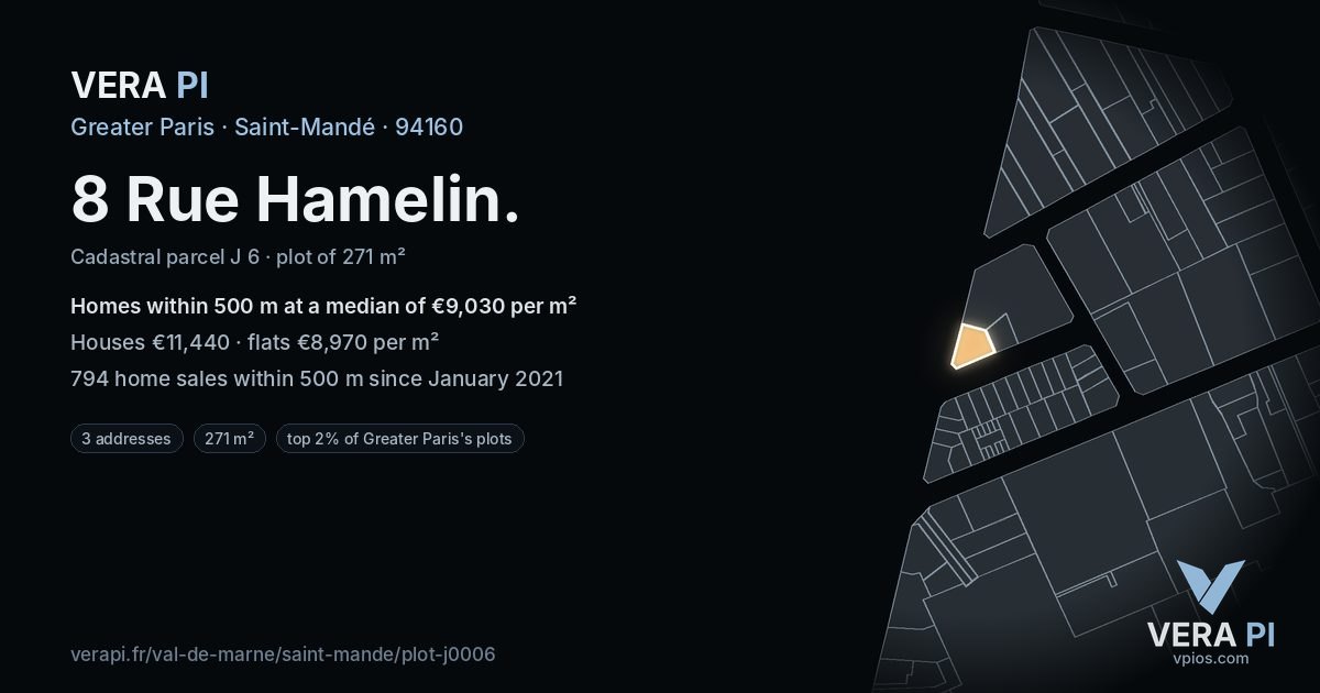 8 Rue Hamelin, Saint-Mandé at night – the plot lit, the parcels around coloured by the prices near them