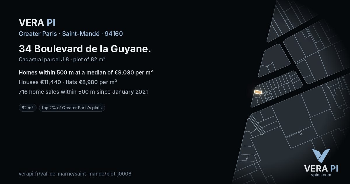 34 Boulevard de la Guyane, Saint-Mandé at night – the plot lit, the parcels around coloured by the prices near them