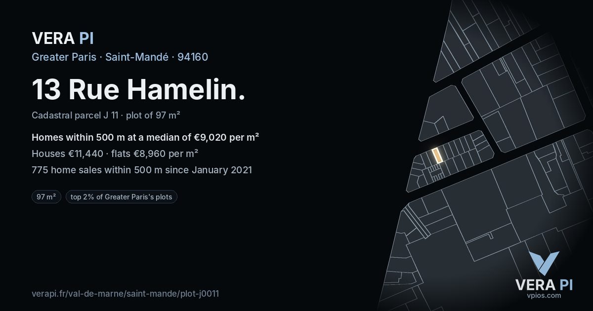 13 Rue Hamelin, Saint-Mandé at night – the plot lit, the parcels around coloured by the prices near them