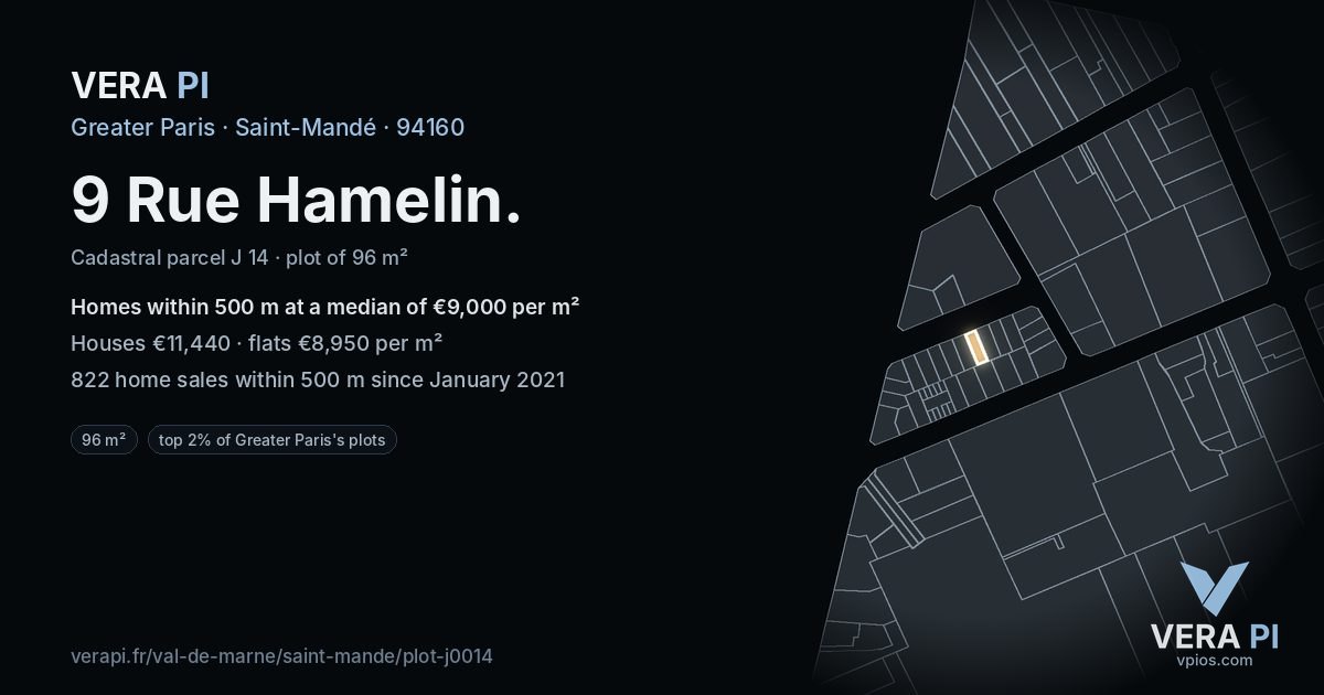 9 Rue Hamelin, Saint-Mandé at night – the plot lit, the parcels around coloured by the prices near them