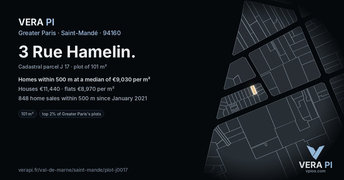 3 Rue Hamelin, Saint-Mandé at night – the plot lit, the parcels around coloured by the prices near them