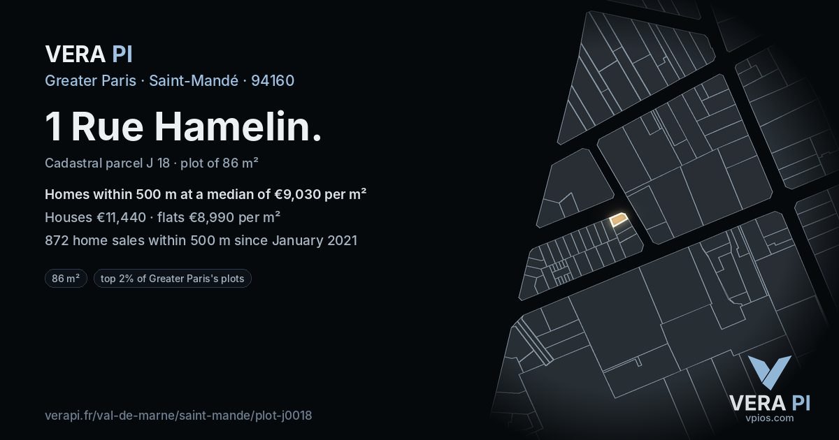 1 Rue Hamelin, Saint-Mandé at night – the plot lit, the parcels around coloured by the prices near them