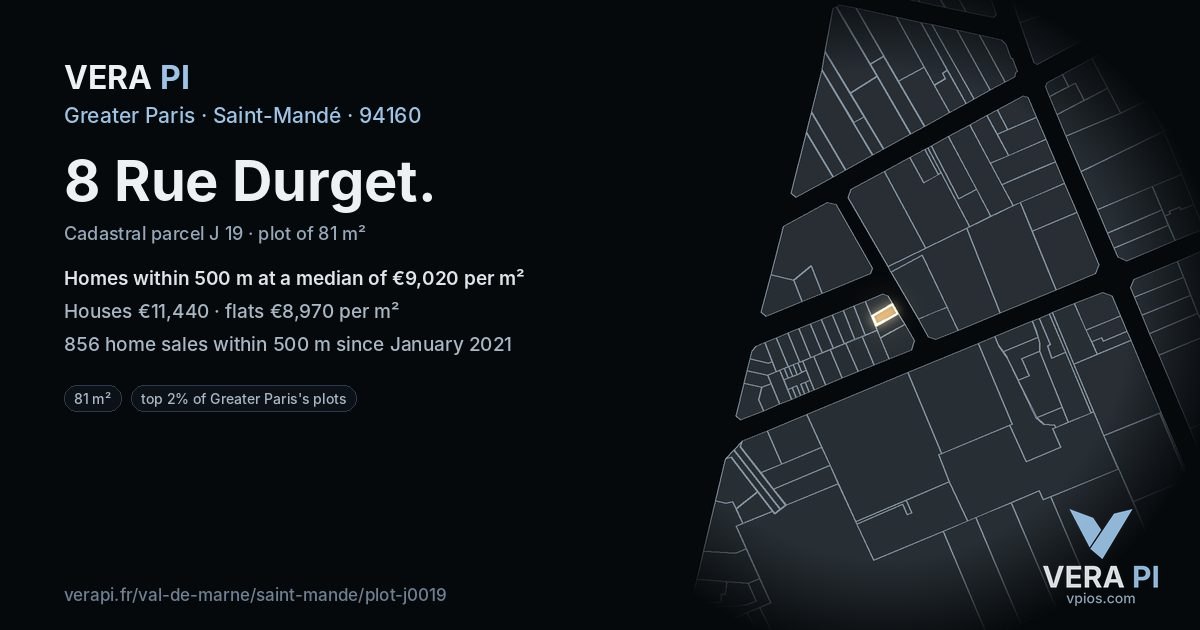 8 Rue Durget, Saint-Mandé at night – the plot lit, the parcels around coloured by the prices near them