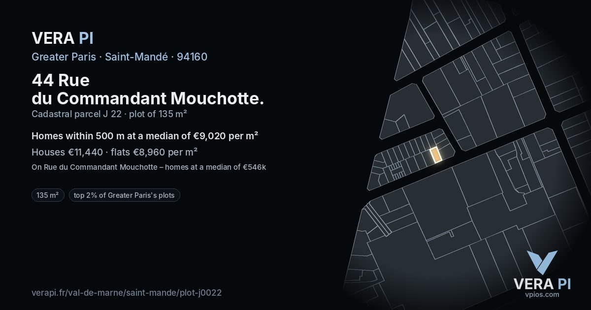44 Rue du Commandant Mouchotte, Saint-Mandé at night – the plot lit, the parcels around coloured by the prices near them