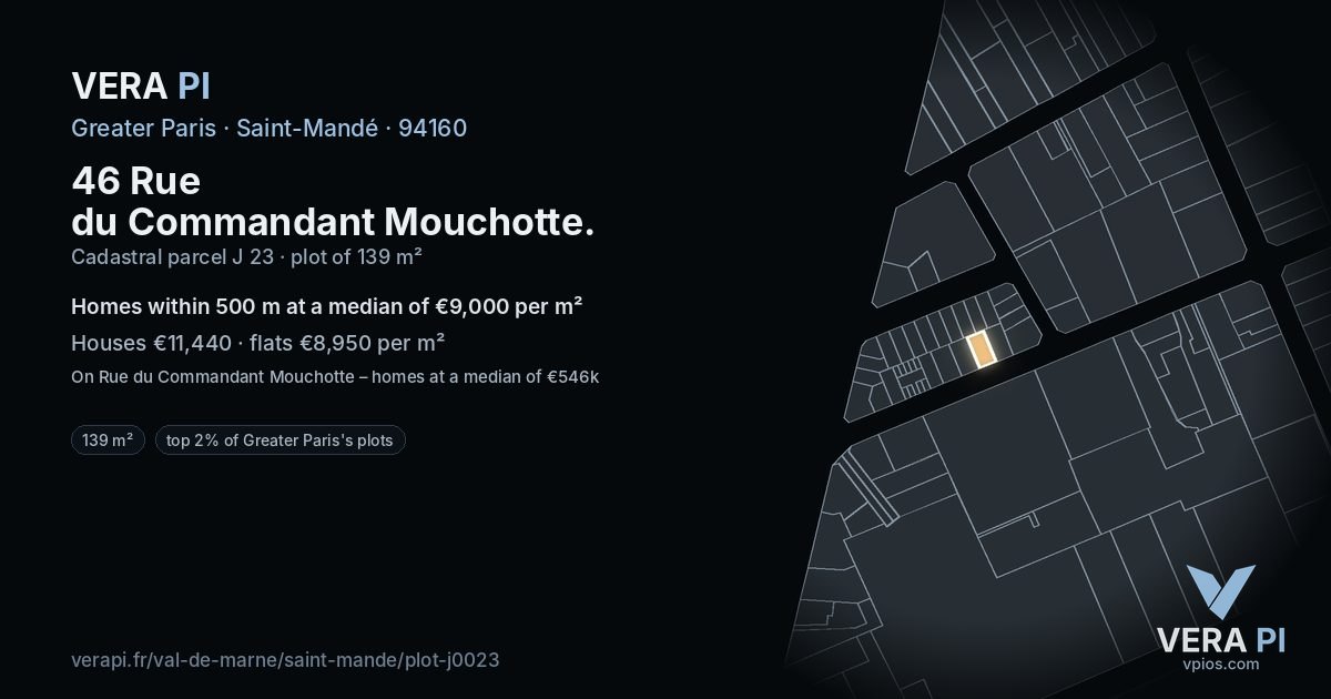 46 Rue du Commandant Mouchotte, Saint-Mandé at night – the plot lit, the parcels around coloured by the prices near them